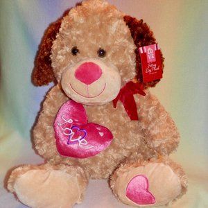 SITTING BROWN DOG PLUSH * WITH PINK BE LOVE HEART * SO CUTE * 17 IN * NEW *